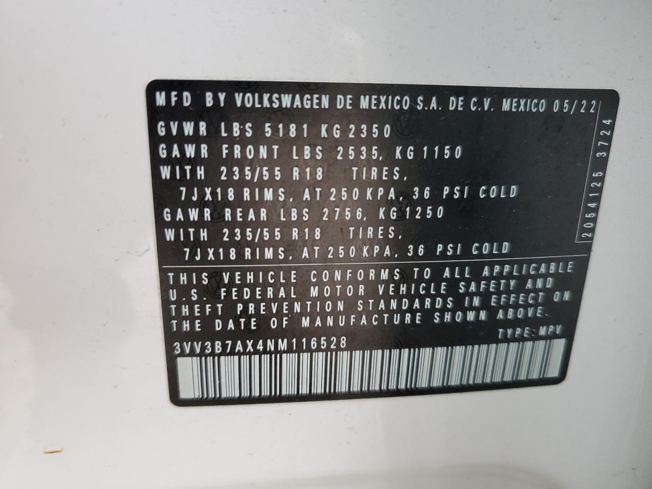 2022 VOLKSWAGEN TIGUAN SE VIN:3VV3B7AX4NM116528
