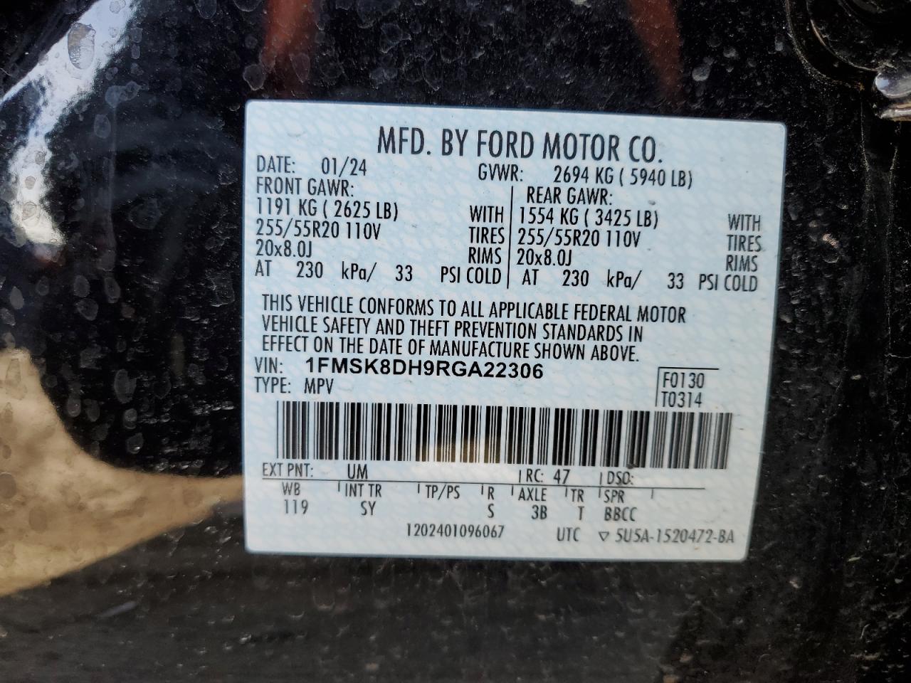 2024 FORD EXPLORER XLT VIN:1FMSK8DH9RGA22306