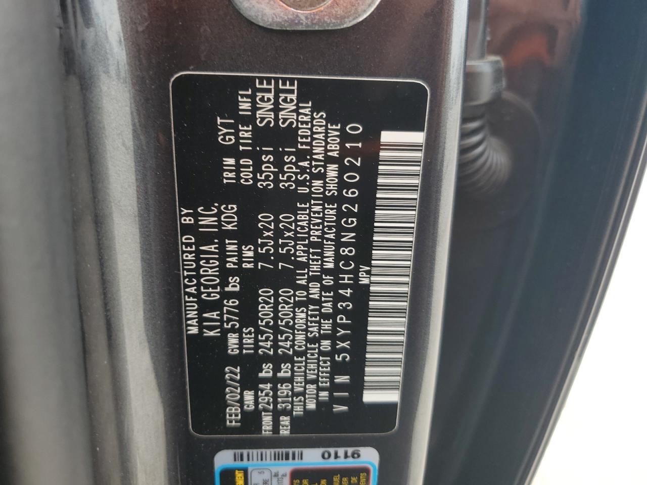 2022 KIA TELLURIDE EX VIN:5XYP34HC8NG260210