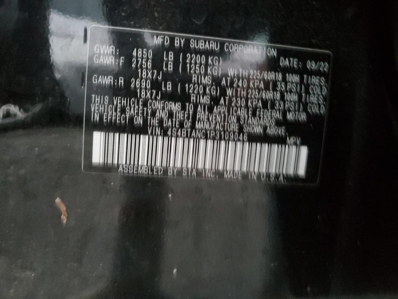 2023 SUBARU OUTBACK LIMITED VIN:4S4BTANC1P3109046