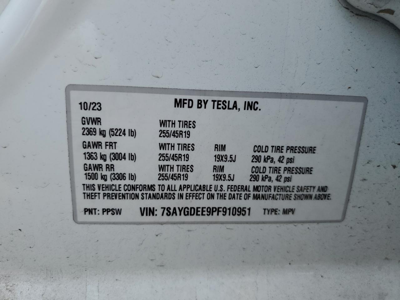 2023 TESLA MODEL Y VIN:7SAYGDEE9PF910951
