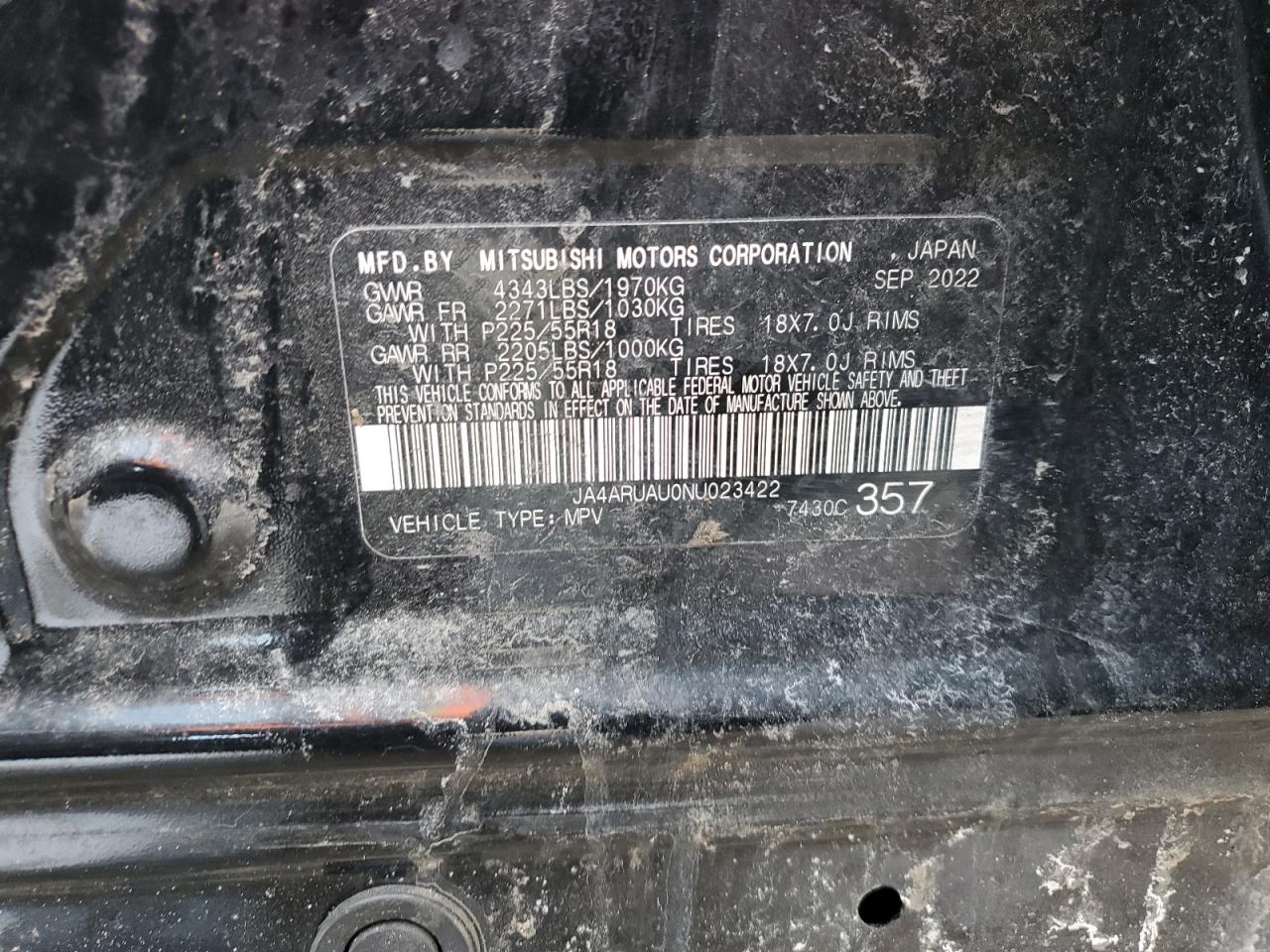 2022 MITSUBISHI OUTLANDER SPORT ES VIN:JA4ARUAU0NU023422