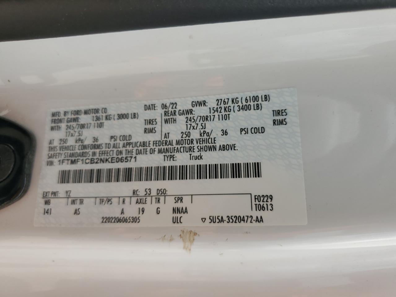 2022 FORD F150 VIN:1FTMF1CB2NKE06571
