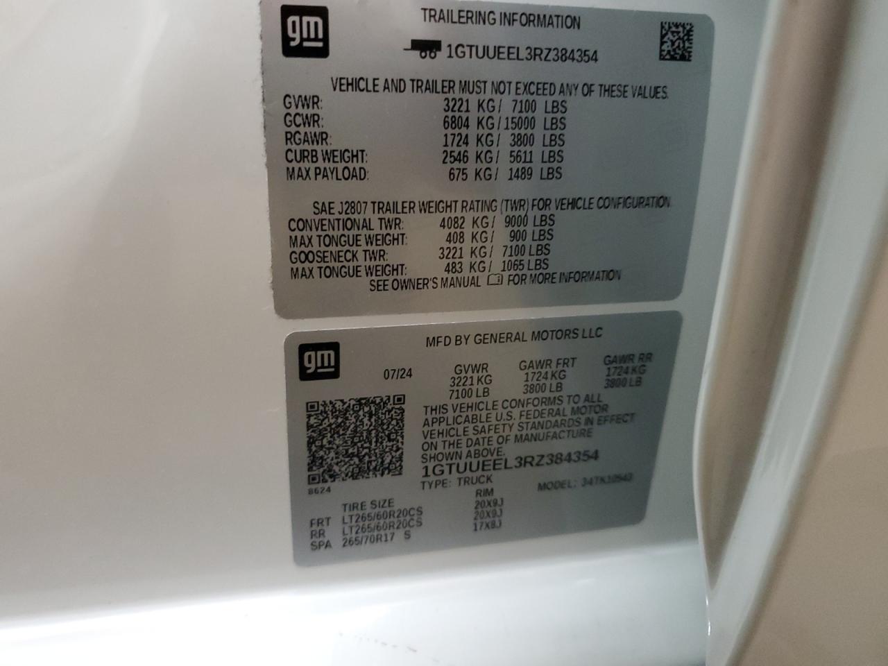 2024 GMC SIERRA K1500 AT4 VIN:1GTUUEEL3RZ384354