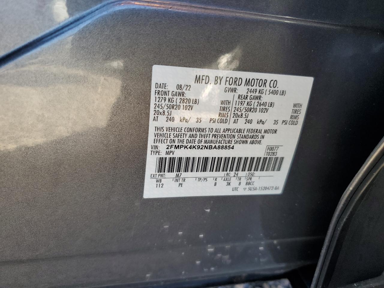 2022 FORD EDGE TITANIUM VIN:2FMPK4K92NBA88854