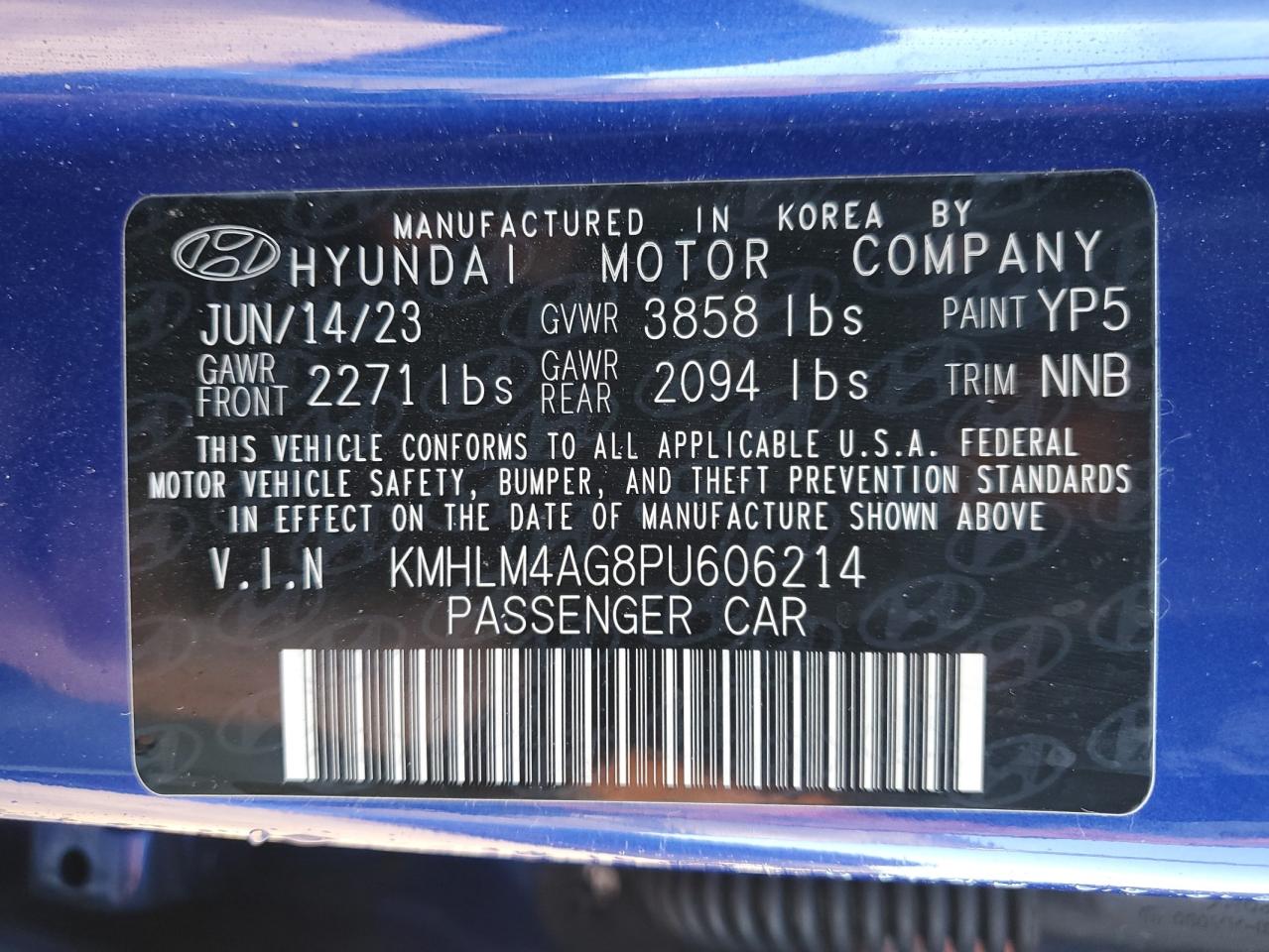 2023 HYUNDAI ELANTRA SEL VIN:KMHLM4AG8PU606214