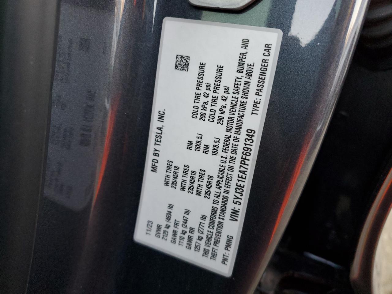 2023 TESLA MODEL 3 VIN:5YJ3E1EA7PF691349