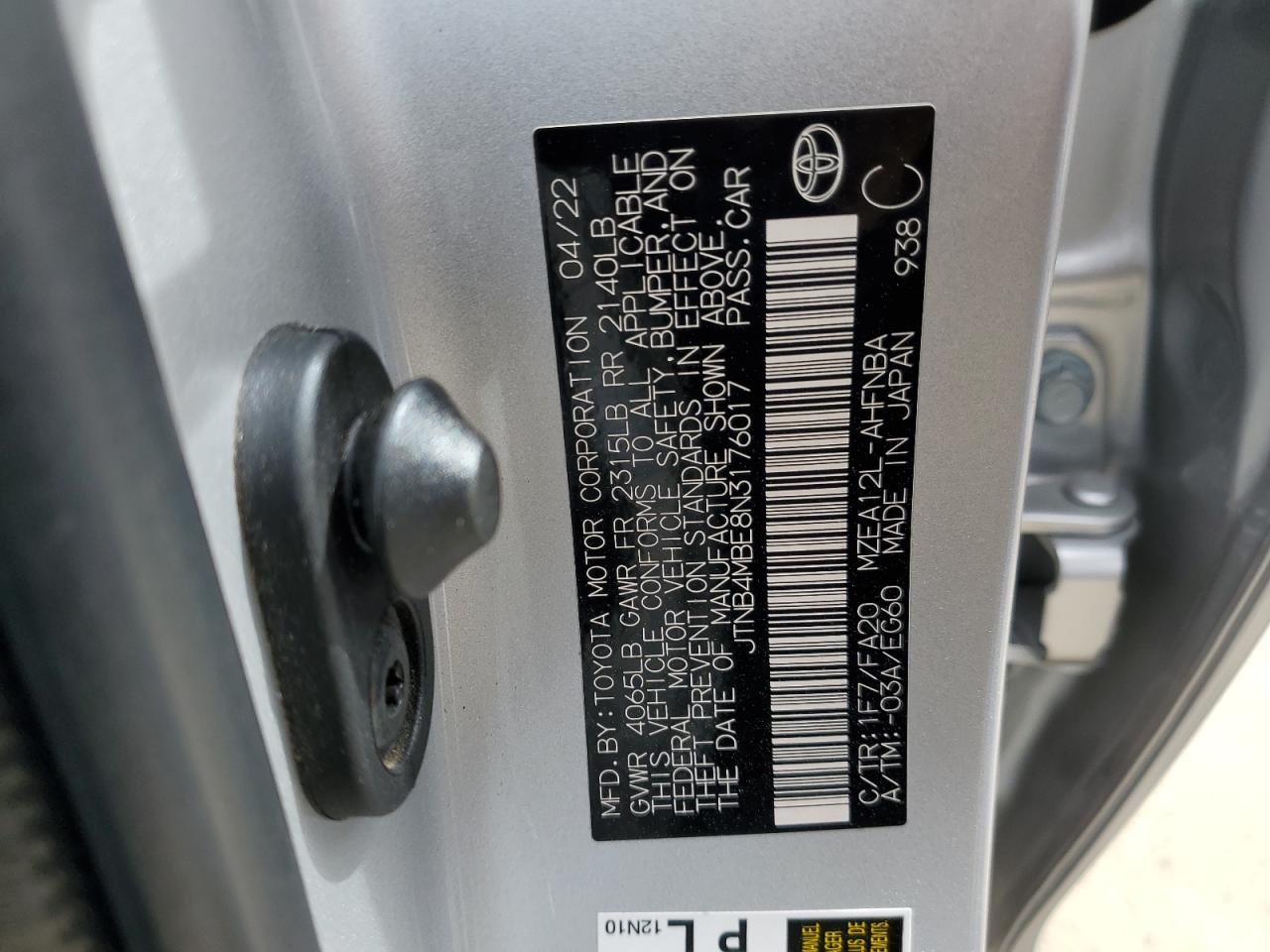 2022 TOYOTA COROLLA SE VIN:JTNB4MBE8N3176017