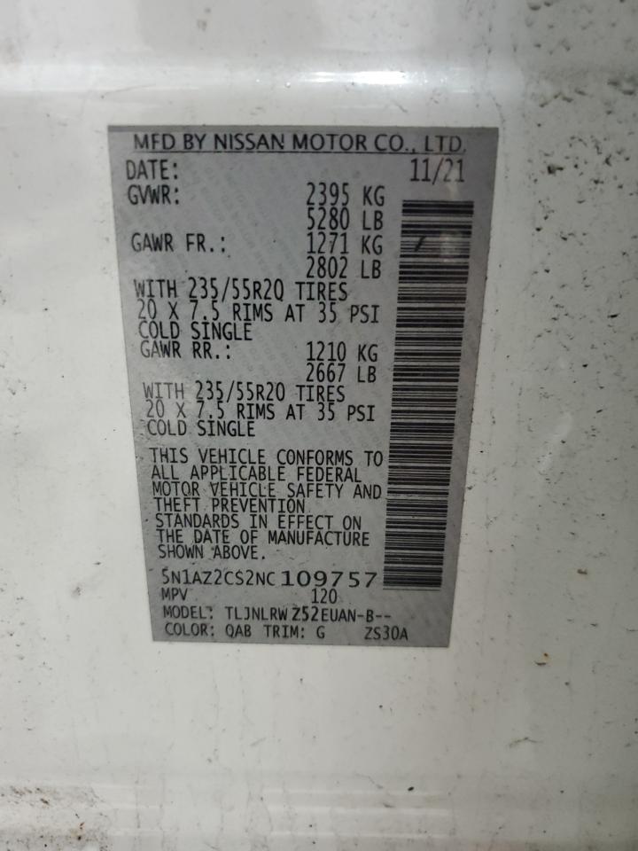 2022 NISSAN MURANO SL VIN:5N1AZ2CS2NC109757