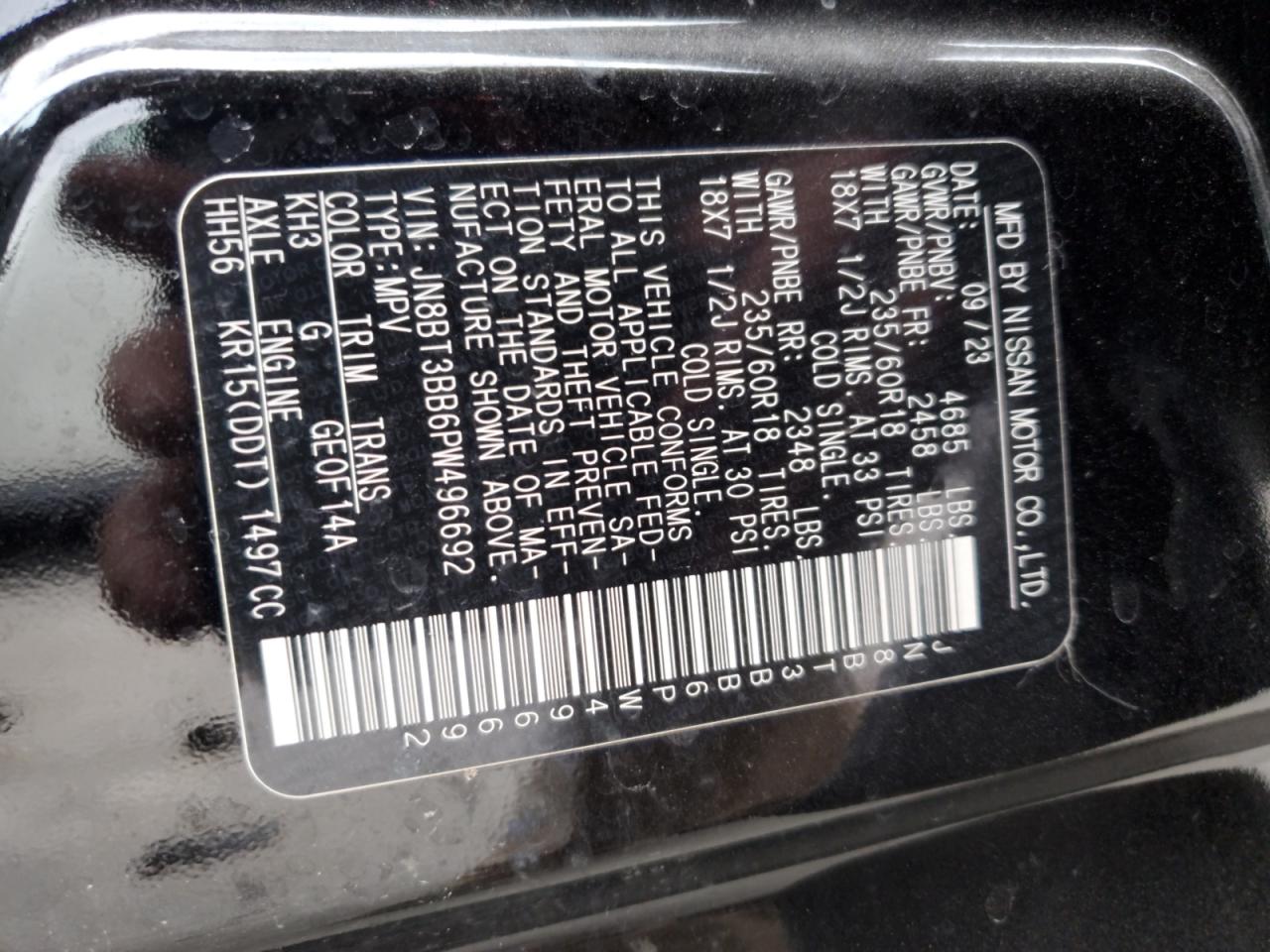 2023 NISSAN ROGUE SV VIN:JN8BT3BB6PW496692