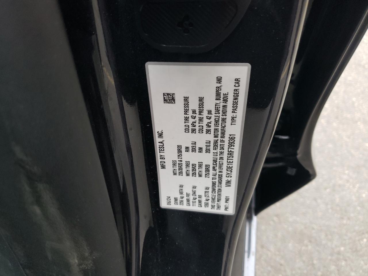 2024 TESLA MODEL 3 VIN:5YJ3E1ET5RF799361