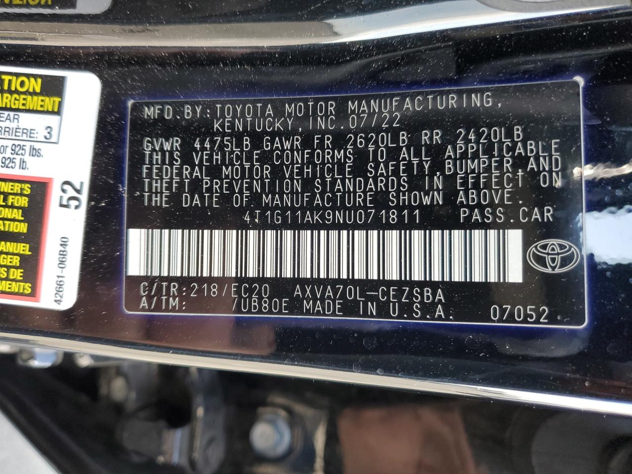 2022 TOYOTA CAMRY SE VIN:4T1G11AK9NU071811