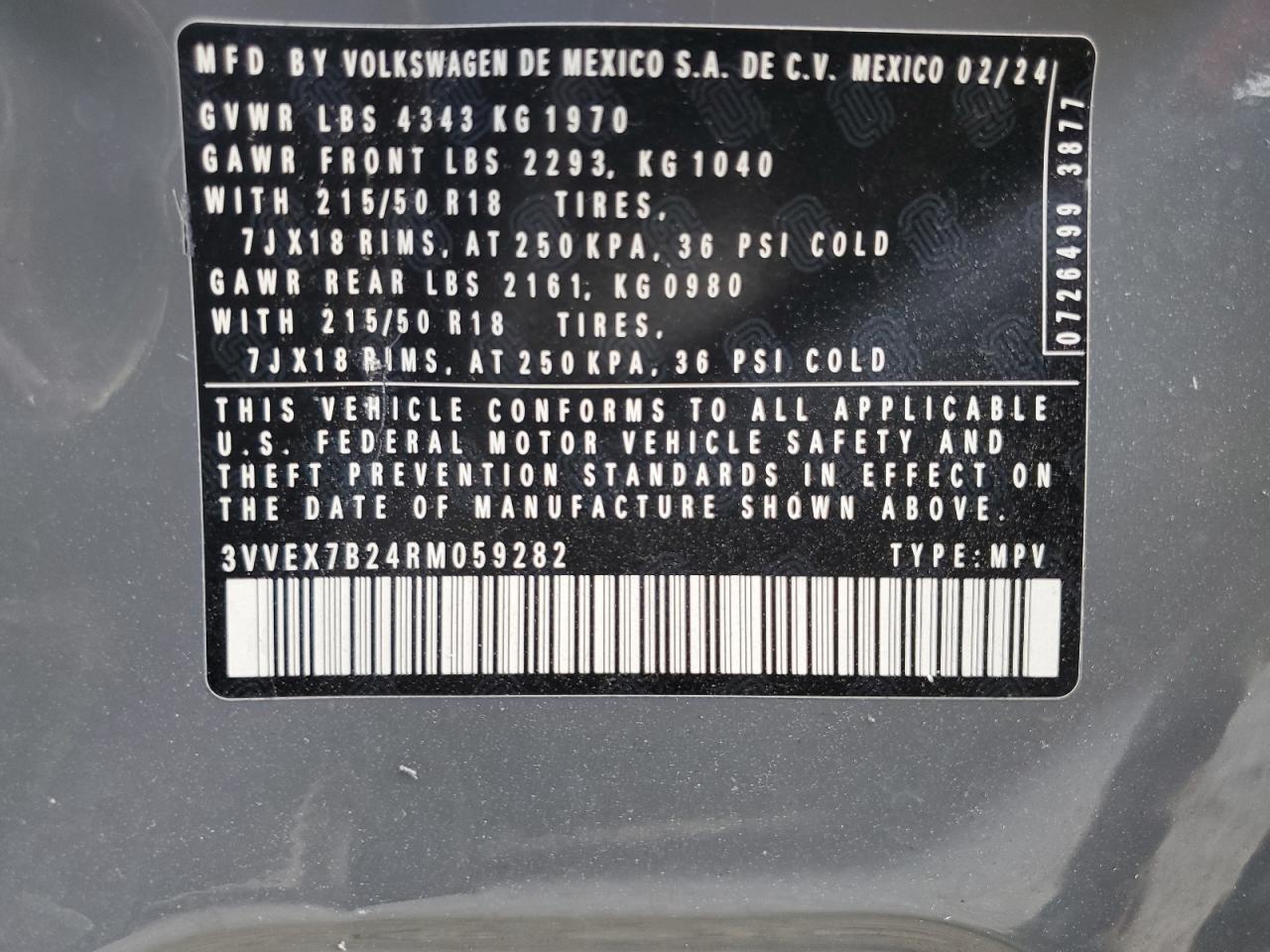 2024 VOLKSWAGEN TAOS SE VIN:3VVEX7B24RM059282