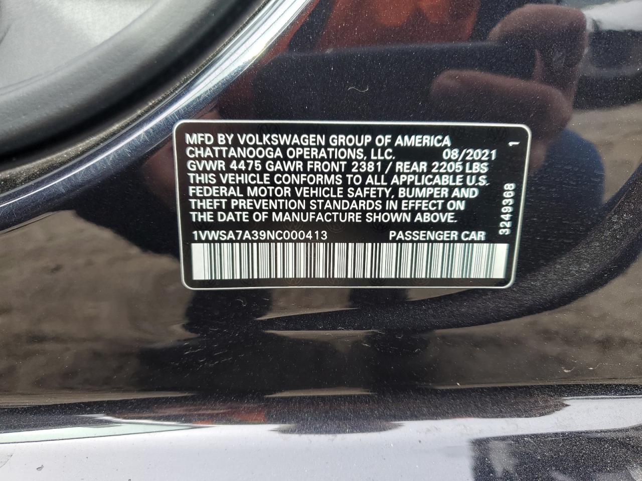 2022 VOLKSWAGEN PASSAT SE VIN:1VWSA7A39NC000413