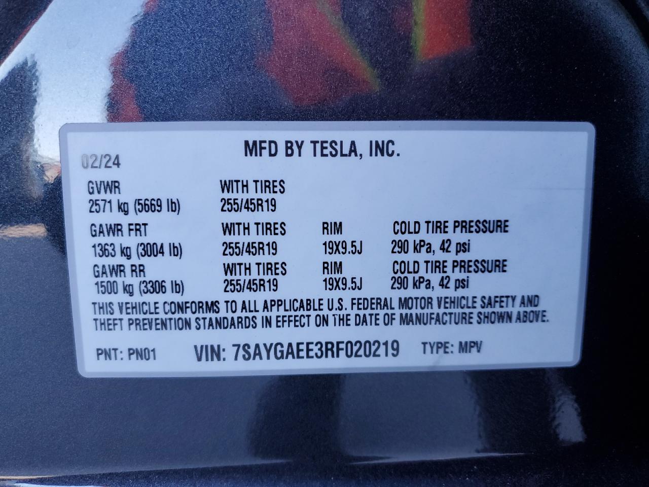 2024 TESLA MODEL Y VIN:7SAYGAEE3RF020219