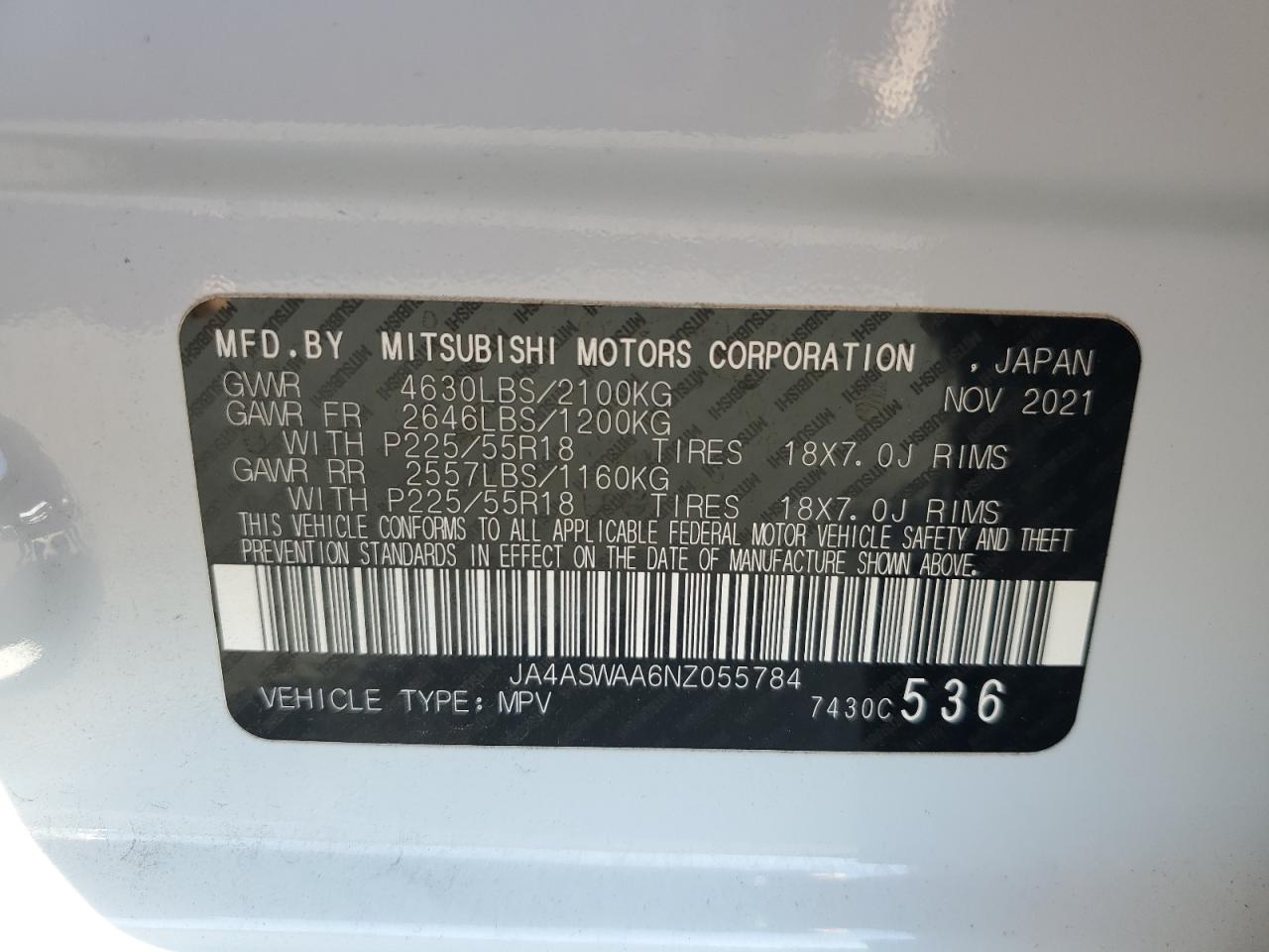 2022 MITSUBISHI ECLIPSE CROSS SE VIN:JA4ASWAA6NZ055784