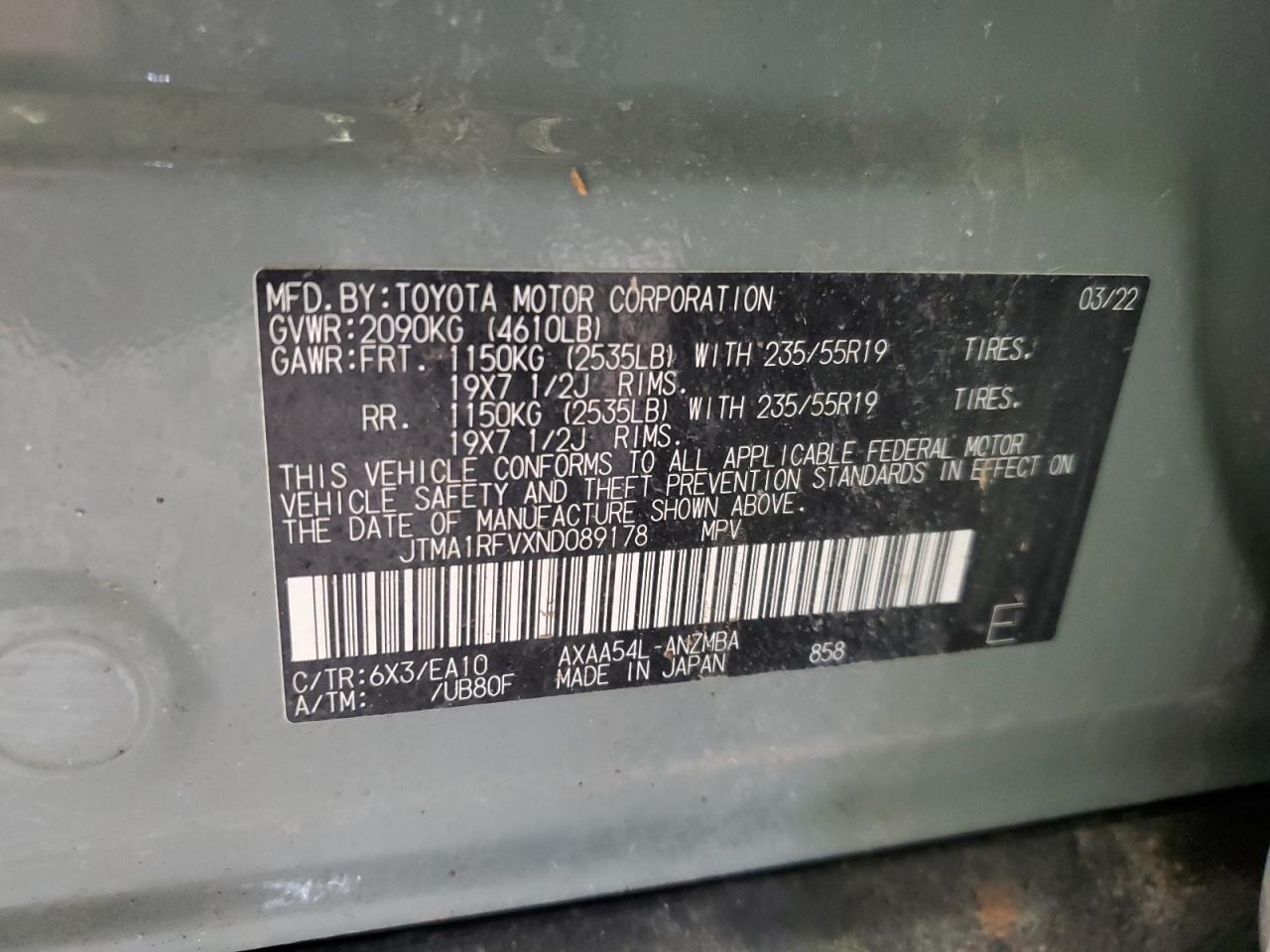 2022 TOYOTA RAV4 XLE PREMIUM VIN:JTMA1RFVXND089178