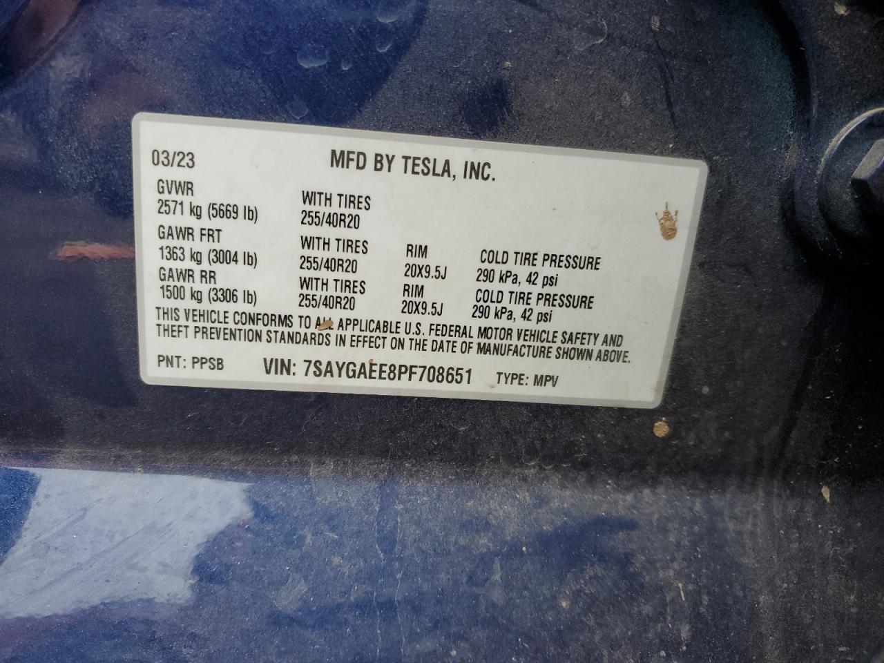 2023 TESLA MODEL Y VIN:7SAYGAEE8PF708651