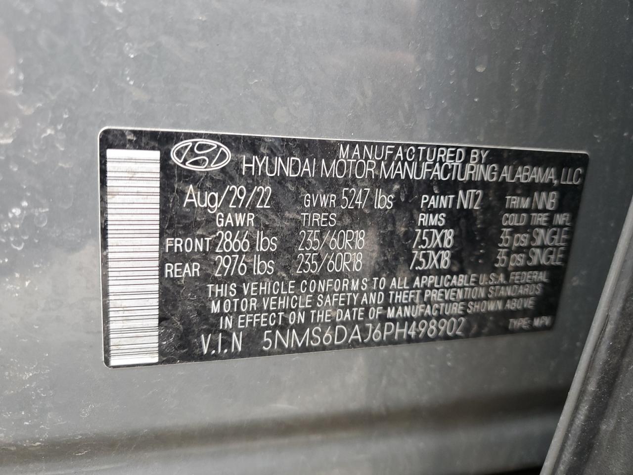 2023 HYUNDAI SANTA FE XRT VIN:5NMS6DAJ6PH498902