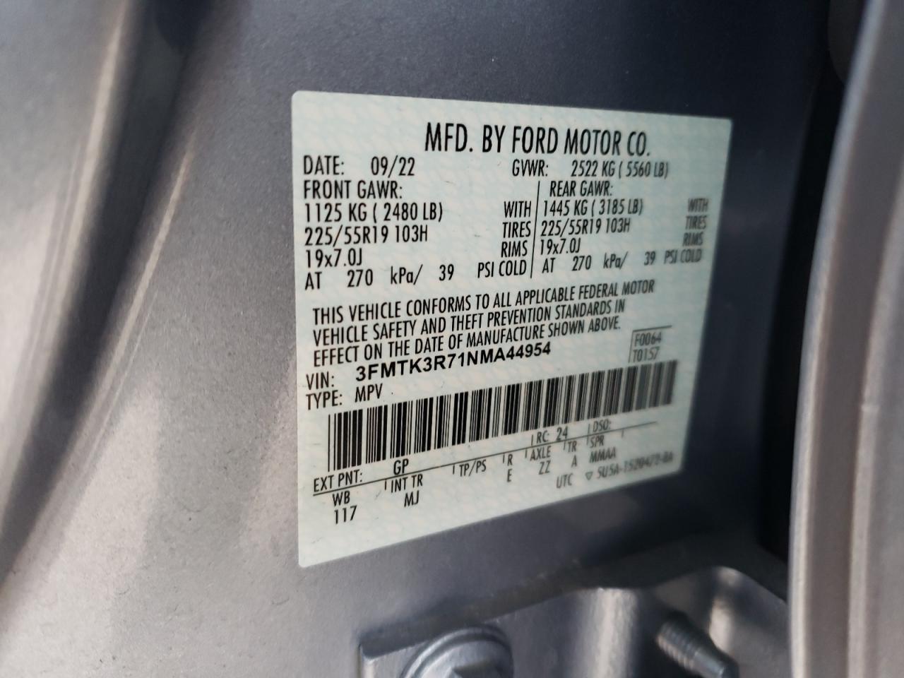2022 FORD MUSTANG MACH-E PREMIUM VIN:3FMTK3R71NMA44954