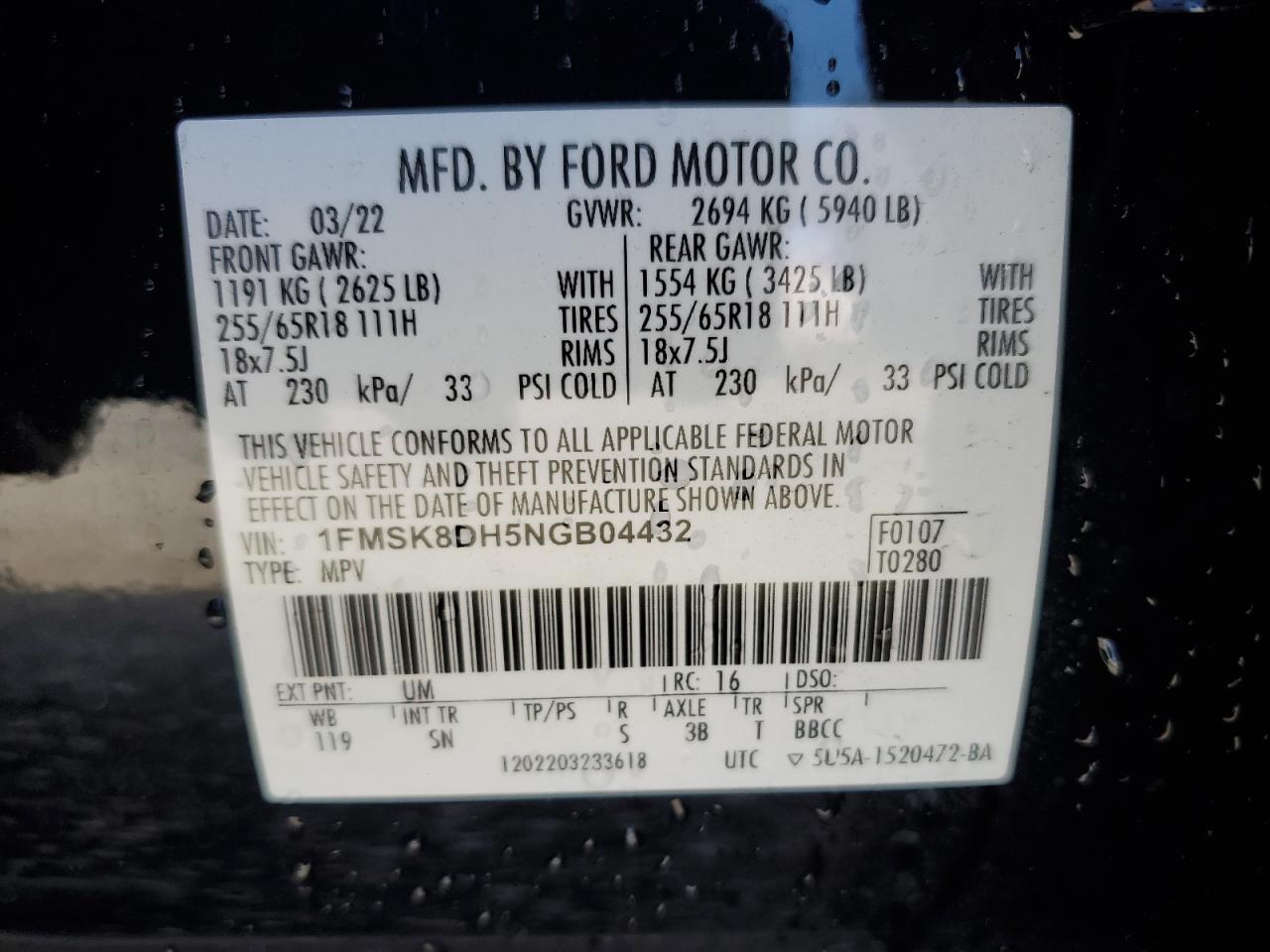 2022 FORD EXPLORER XLT VIN:1FMSK8DH5NGB04432