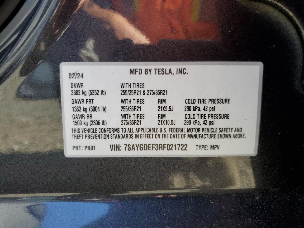 2024 TESLA MODEL Y VIN:7SAYGDEF3RF021722