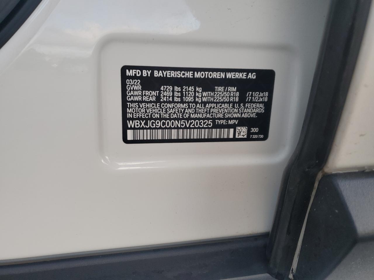 2022 BMW X1 XDRIVE28I VIN:WBXJG9C00N5V20325