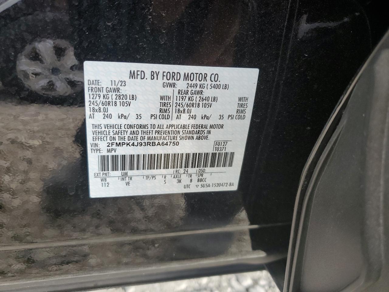 2024 FORD EDGE SEL VIN:2FMPK4J93RBA64750