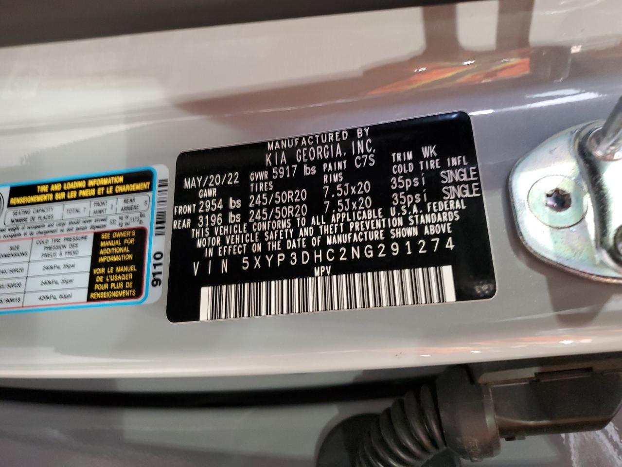 2022 KIA TELLURIDE EX VIN:5XYP3DHC2NG291274