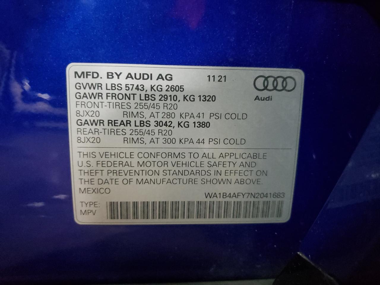 2022 AUDI SQ5 PREMIUM PLUS VIN:WA1B4AFY7N2041683