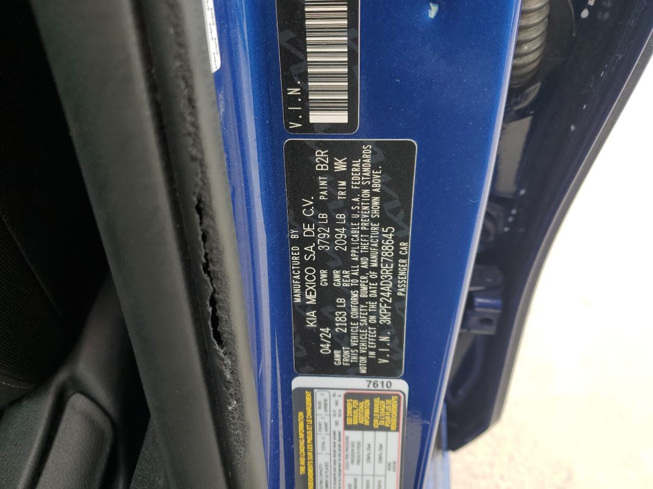 2024 KIA FORTE LX VIN:3KPF24AD3RE788645