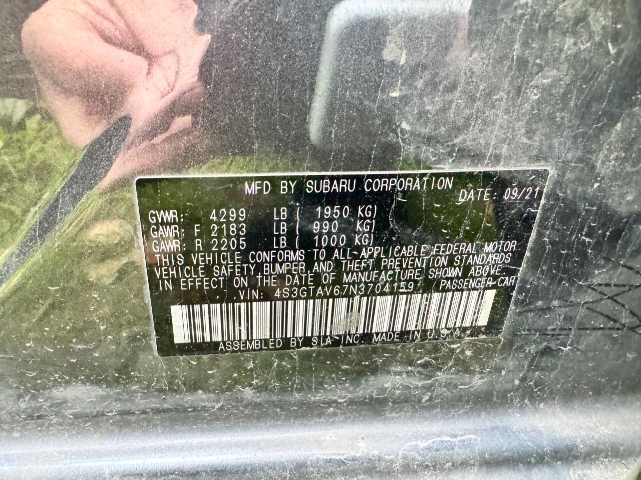 2022 SUBARU IMPREZA PREMIUM VIN:4S3GTAV67N3704159