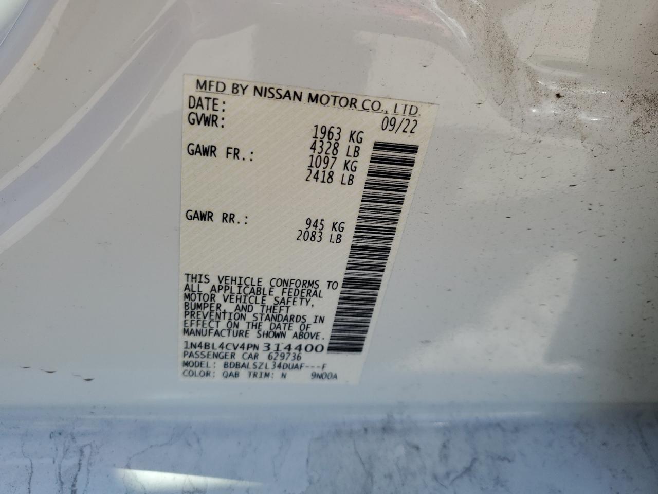 2023 NISSAN ALTIMA SR VIN:1N4BL4CV4PN314400