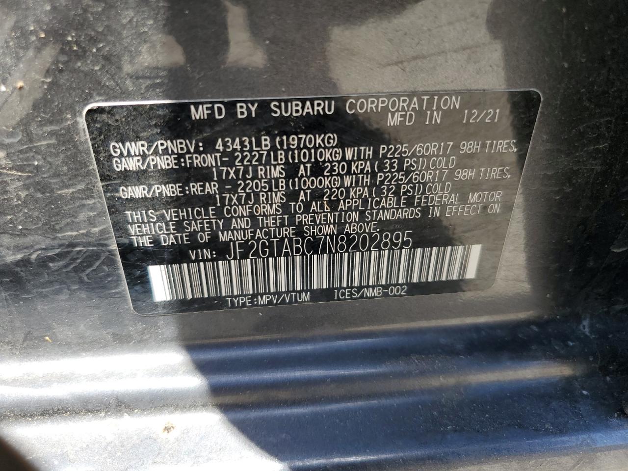 2022 SUBARU CROSSTREK VIN:JF2GTABC7N8202895