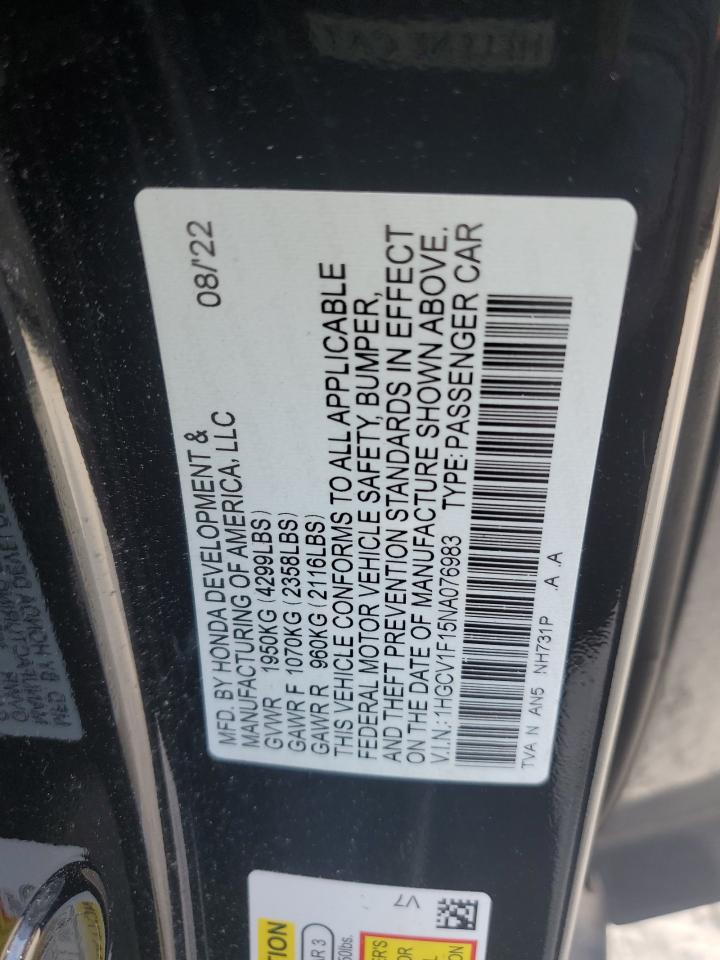 2022 HONDA ACCORD LX VIN:1HGCV1F15NA076983