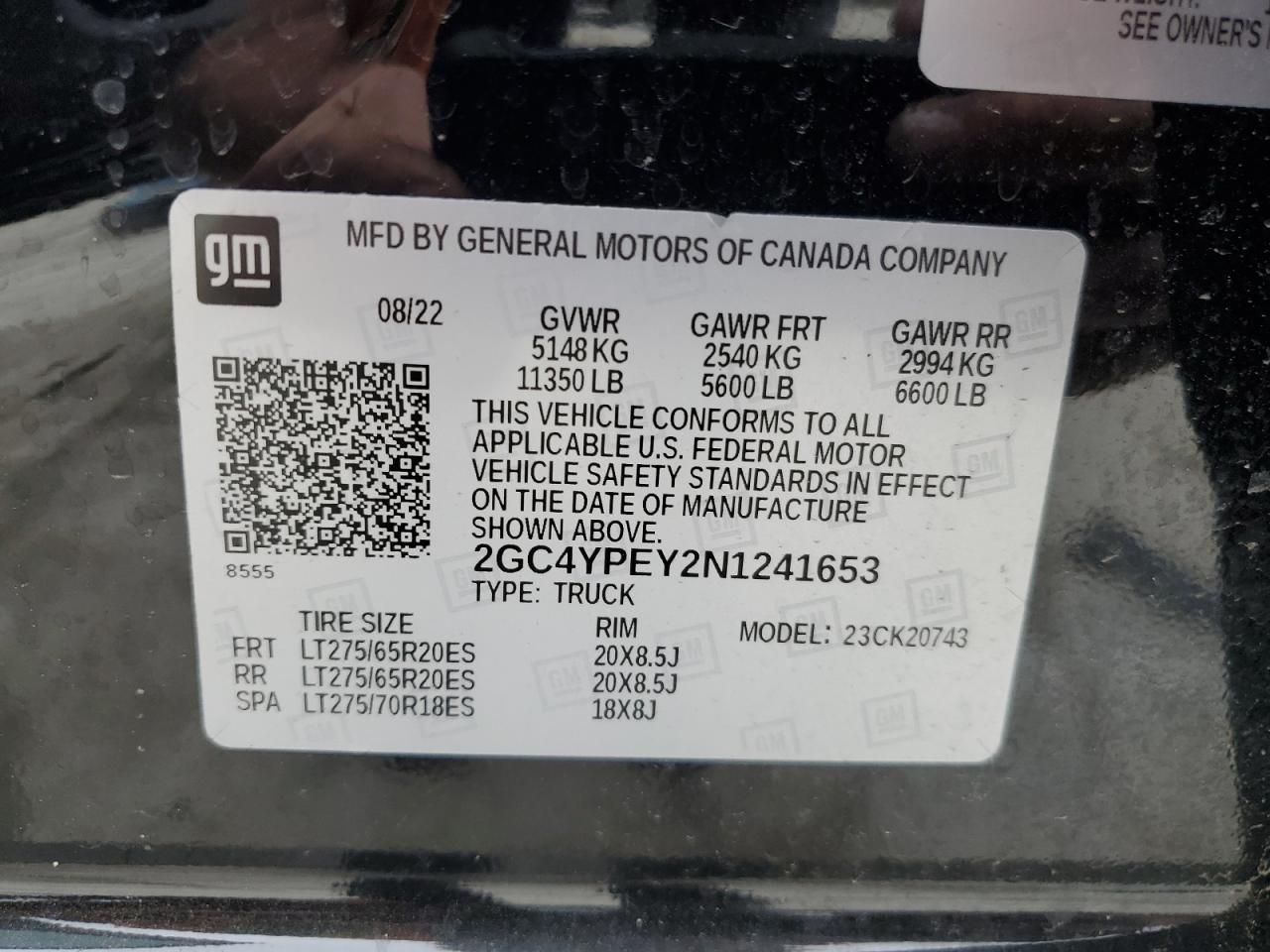 2022 CHEVROLET SILVERADO K2500 HEAVY DUTY LTZ VIN:2GC4YPEY2N1241653