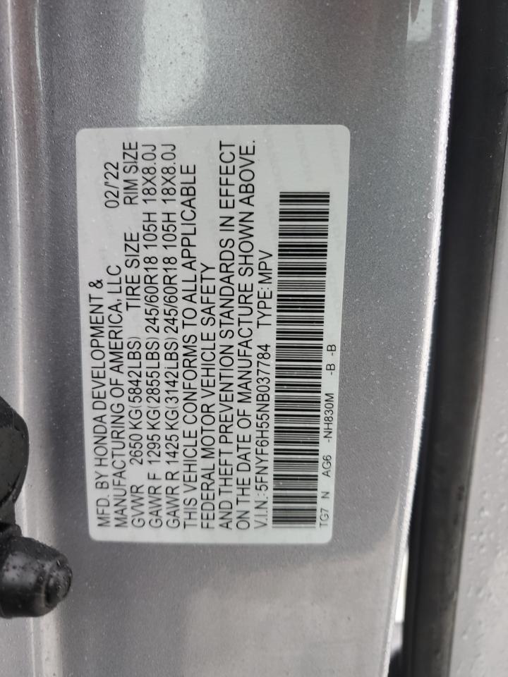 2022 HONDA PILOT EXL VIN:5FNYF6H55NB037784