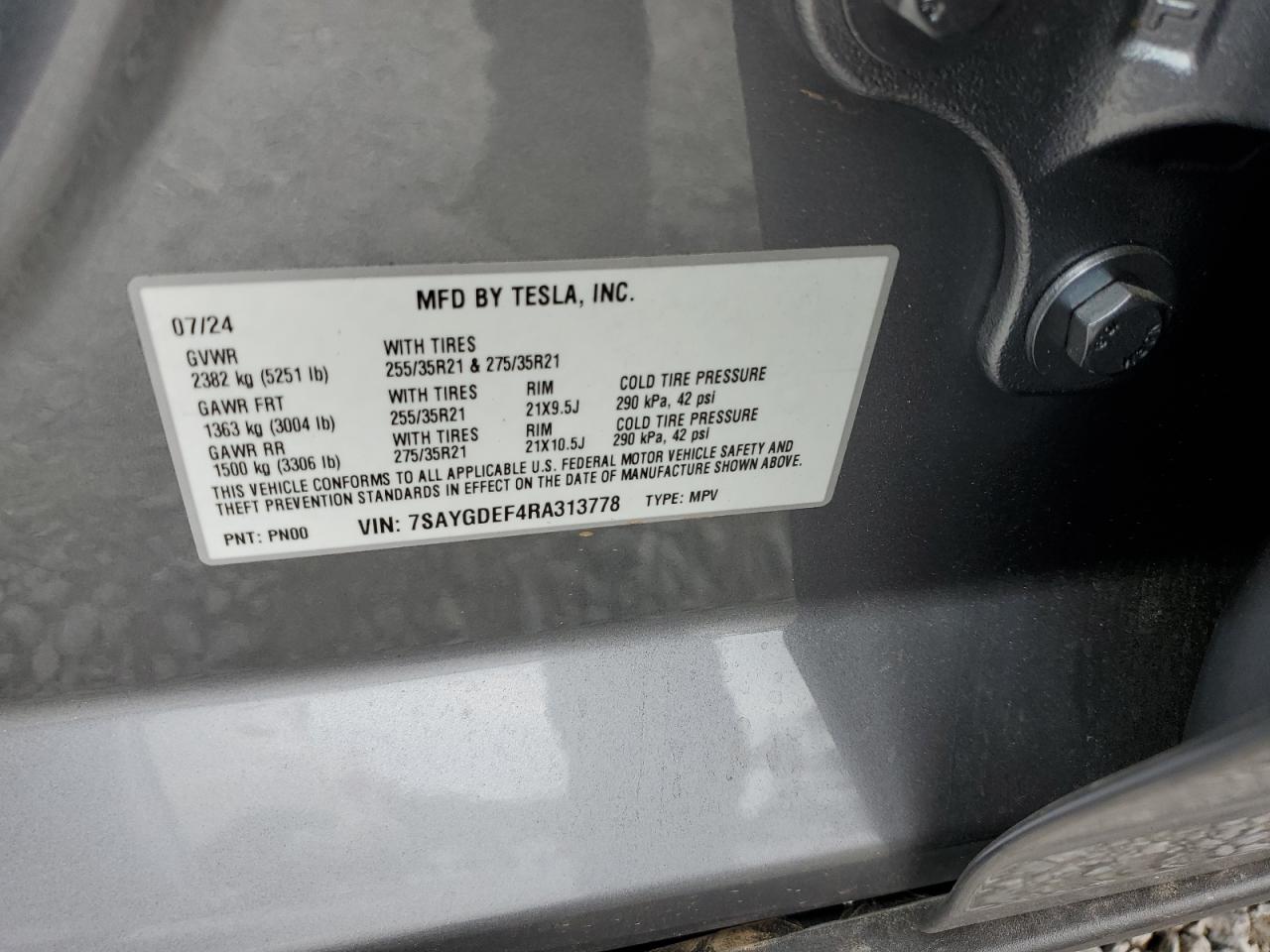 2024 TESLA MODEL Y VIN:7SAYGDEF4RA313778