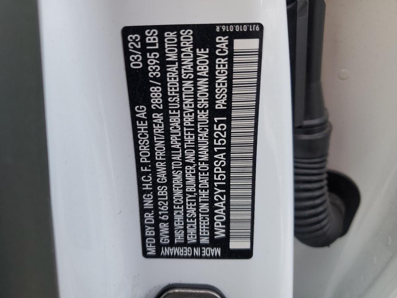 2023 PORSCHE TAYCAN VIN:WP0AA2Y15PSA15251