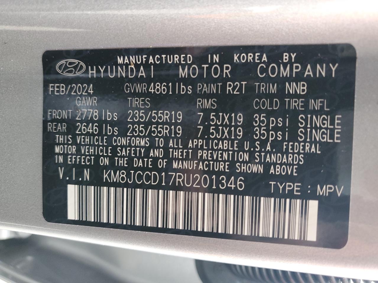 2024 HYUNDAI TUCSON SEL CONVENIENCE VIN:KM8JCCD17RU201346