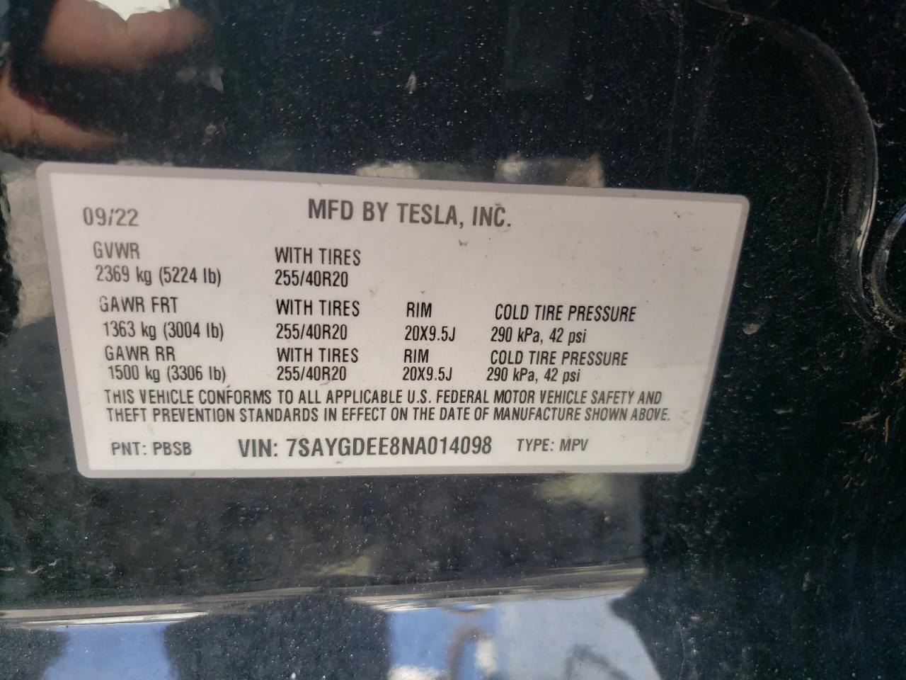 2022 TESLA MODEL Y VIN:7SAYGDEE8NA014098