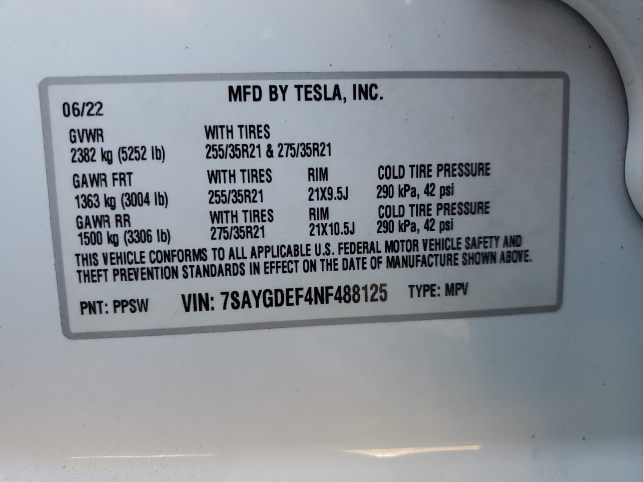 2022 TESLA MODEL Y VIN:7SAYGDEF4NF488125