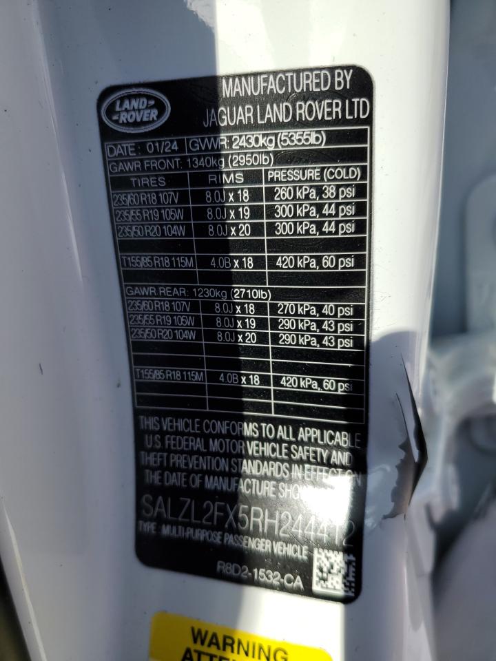 2024 LAND ROVER RANGE ROVER EVOQUE DYNAMIC SE VIN:SALZL2FX5RH244412