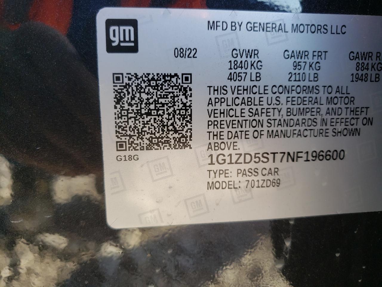 2022 CHEVROLET MALIBU LT VIN:1G1ZD5ST7NF196600