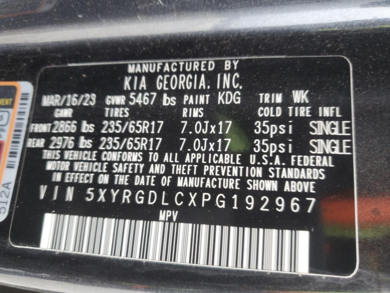 2023 KIA SORENTO LX VIN:5XYRGDLCXPG192967