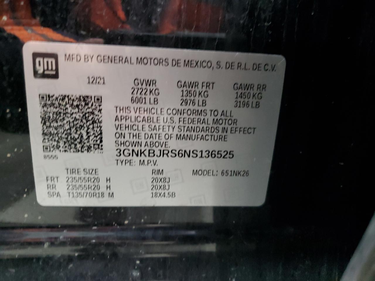 2022 CHEVROLET BLAZER 3LT VIN:3GNKBJRS6NS136525