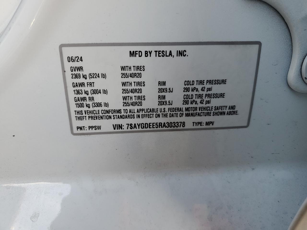 2024 TESLA MODEL Y VIN:7SAYGDEE5RA303378