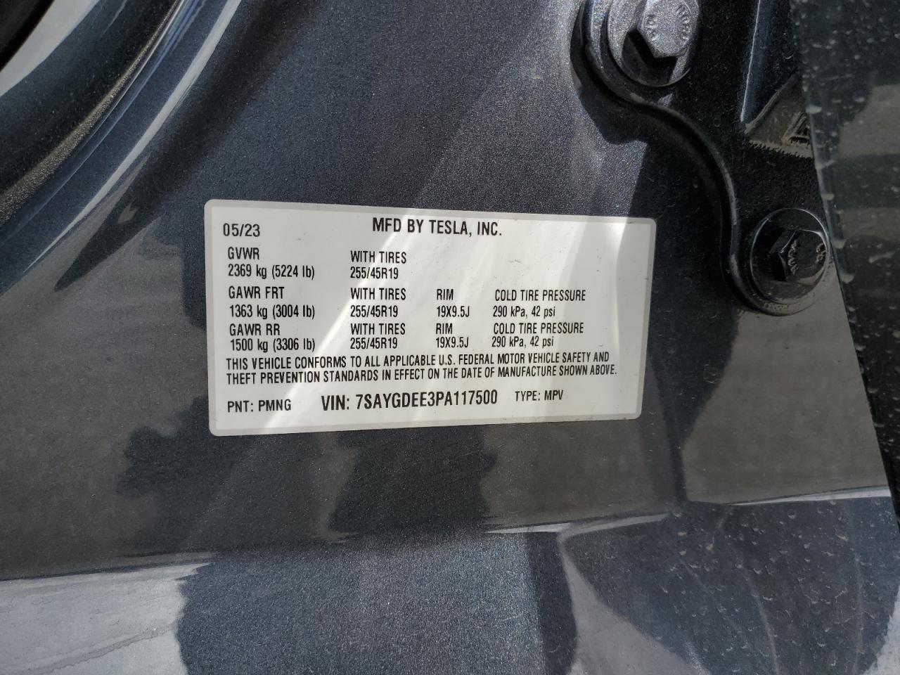 2023 TESLA MODEL Y VIN:7SAYGDEE3PA117500