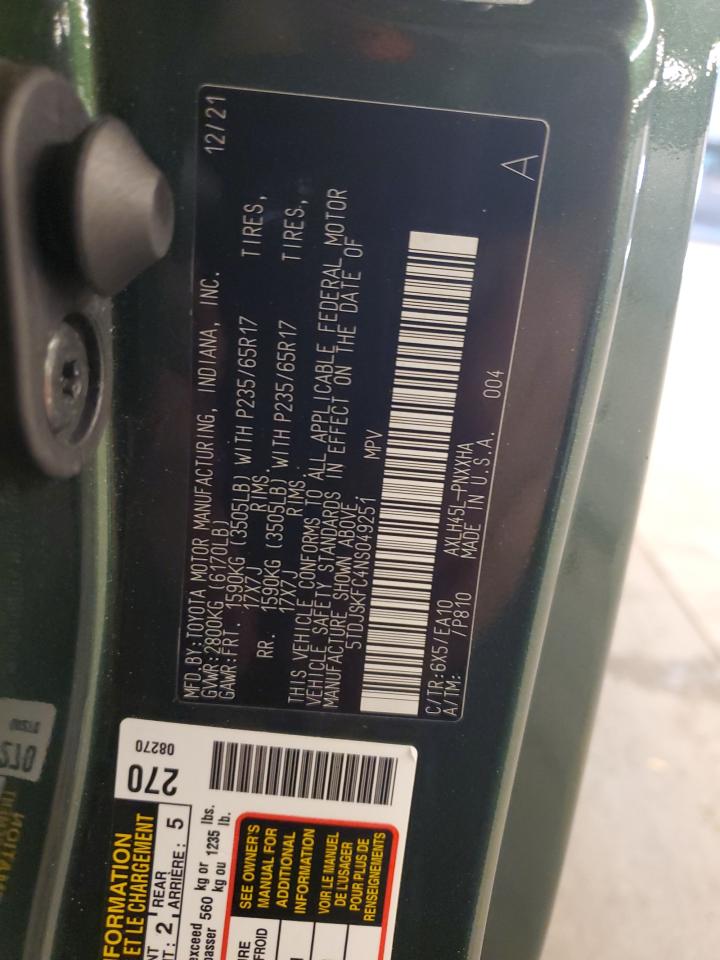 2022 TOYOTA SIENNA XLE VIN:5TDJSKFC4NS049251