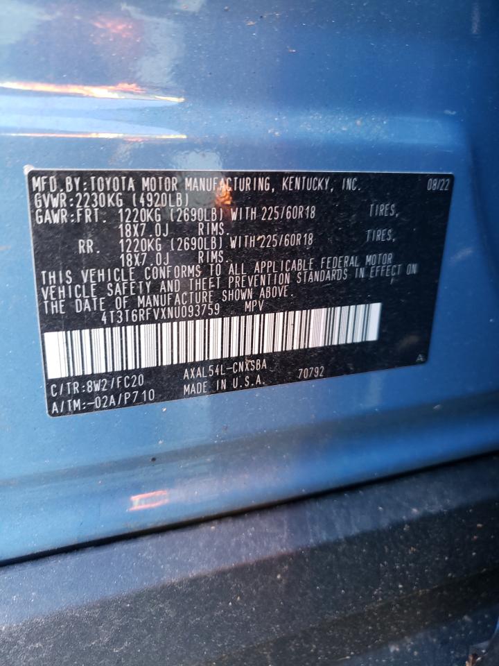 2022 TOYOTA RAV4 SE VIN:4T3T6RFVXNU093759